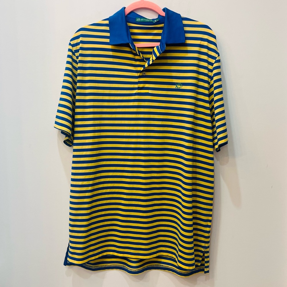 Southern Tide Men’s stripe Polo yellow blue size Large